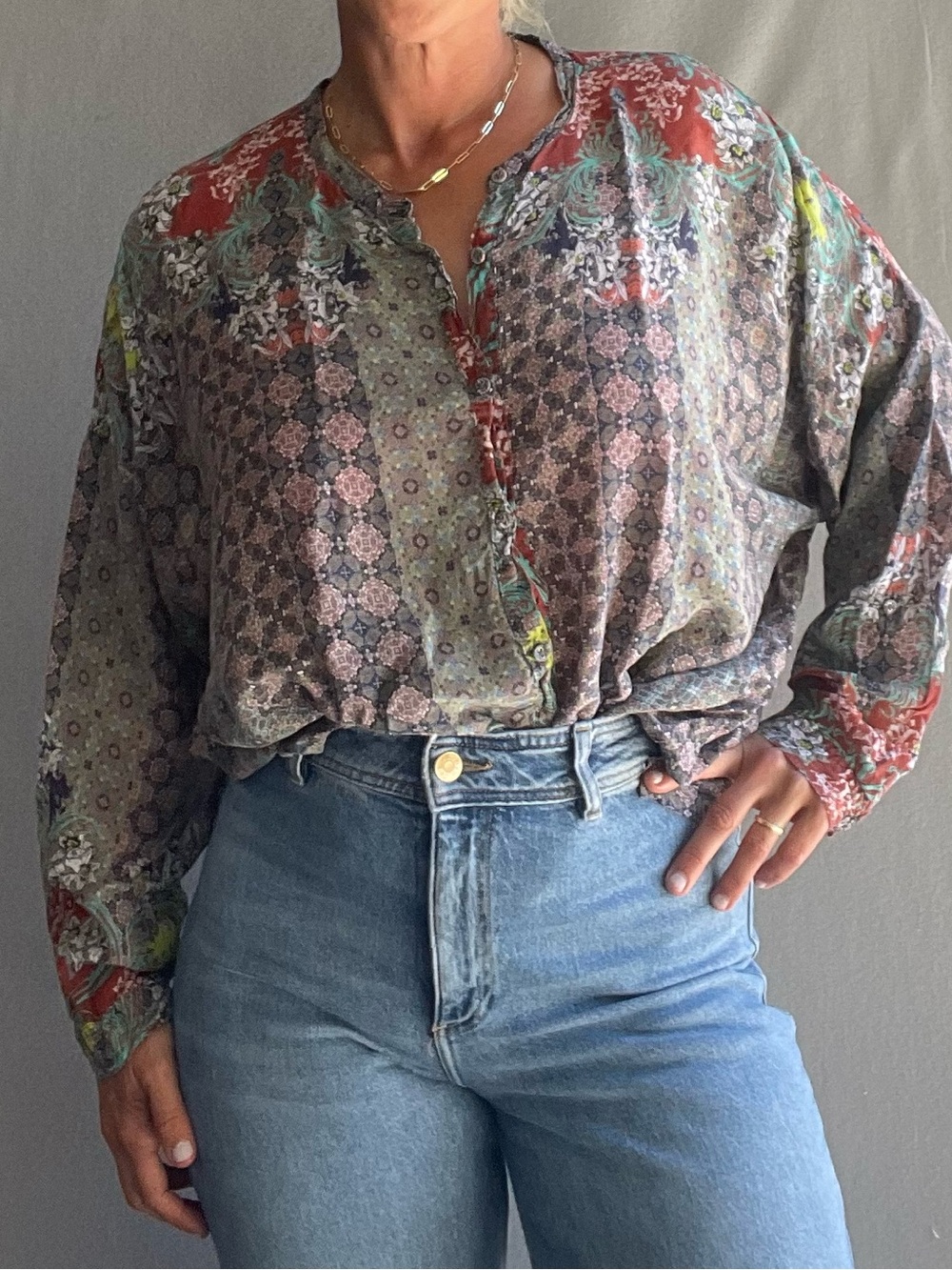 Johnny Was Silk Feel Blouse Boho Patchwork Print Lightweight Top Tunic Med.